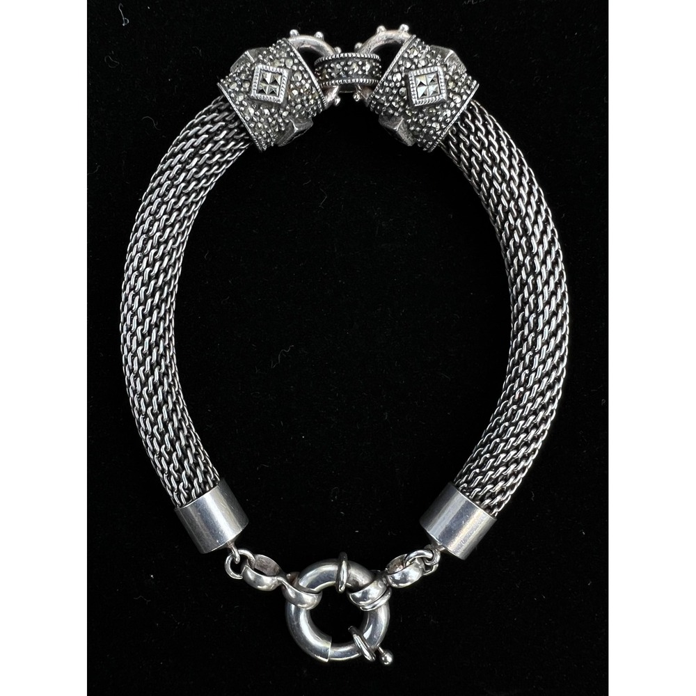 VTG 925 Oxidized Sterling Silver Mesh Bracelet with Marcasite Accent Stations